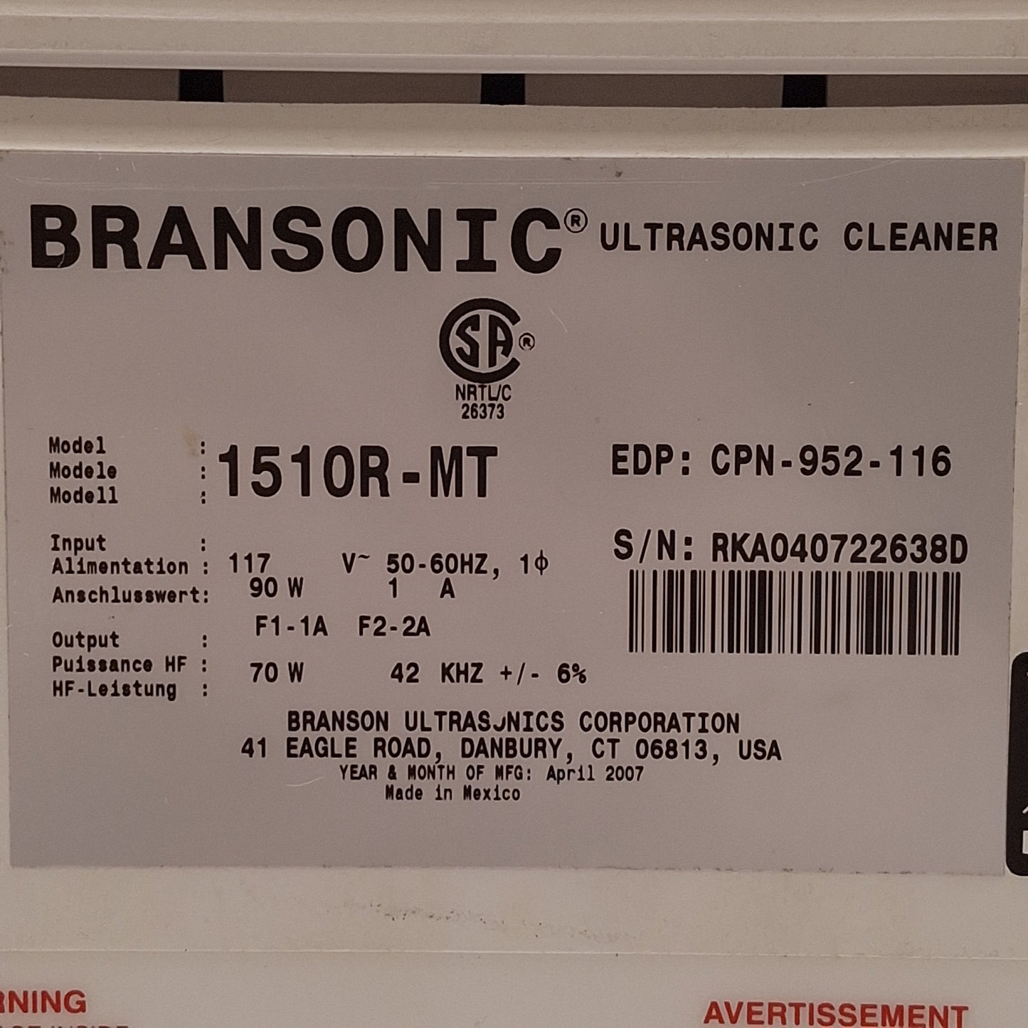 Used Branson 1510R-MT Bransonic Ultrasonic Cleaner 1/2 Gallon, 42kHz, 0-60min, 117VAC