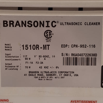 Used Branson 1510R-MT Bransonic Ultrasonic Cleaner 1/2 Gallon, 42kHz, 0-60min, 117VAC