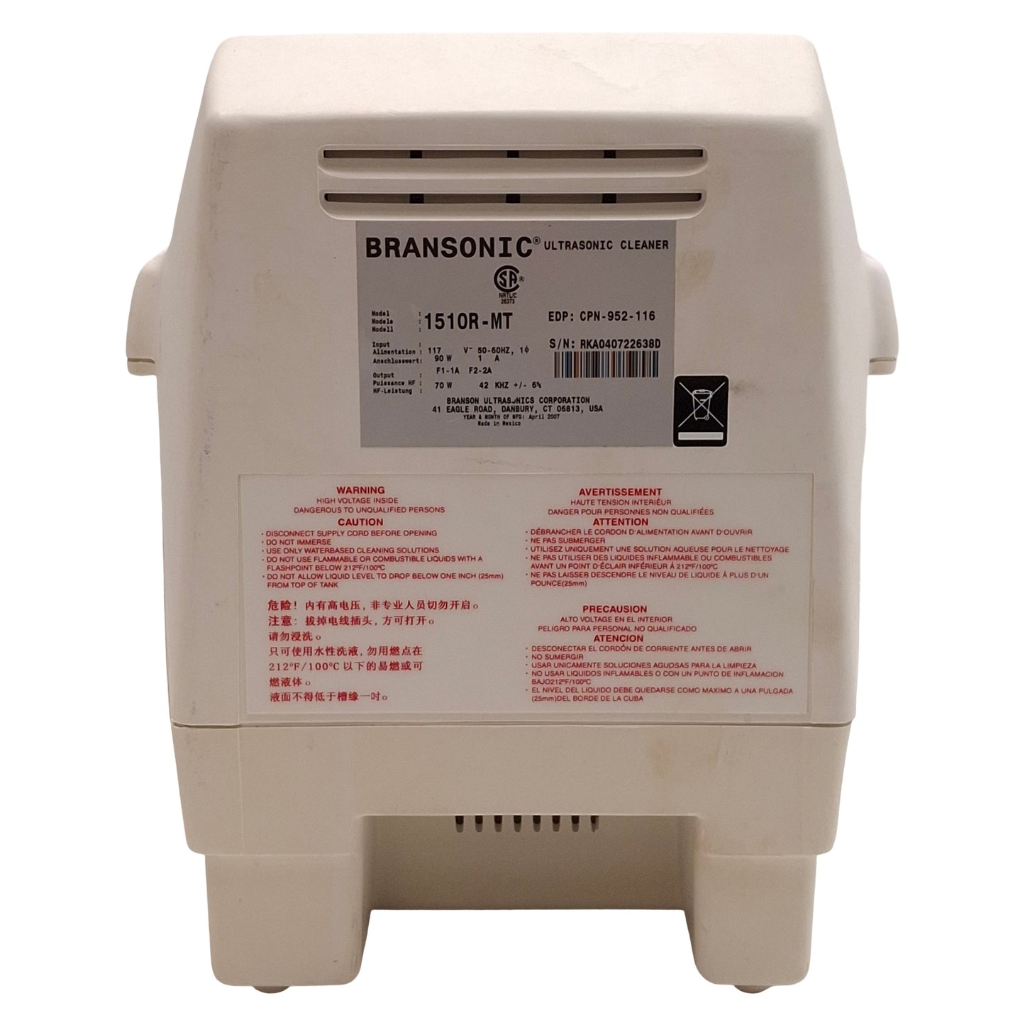 Used Branson 1510R-MT Bransonic Ultrasonic Cleaner 1/2 Gallon, 42kHz, 0-60min, 117VAC