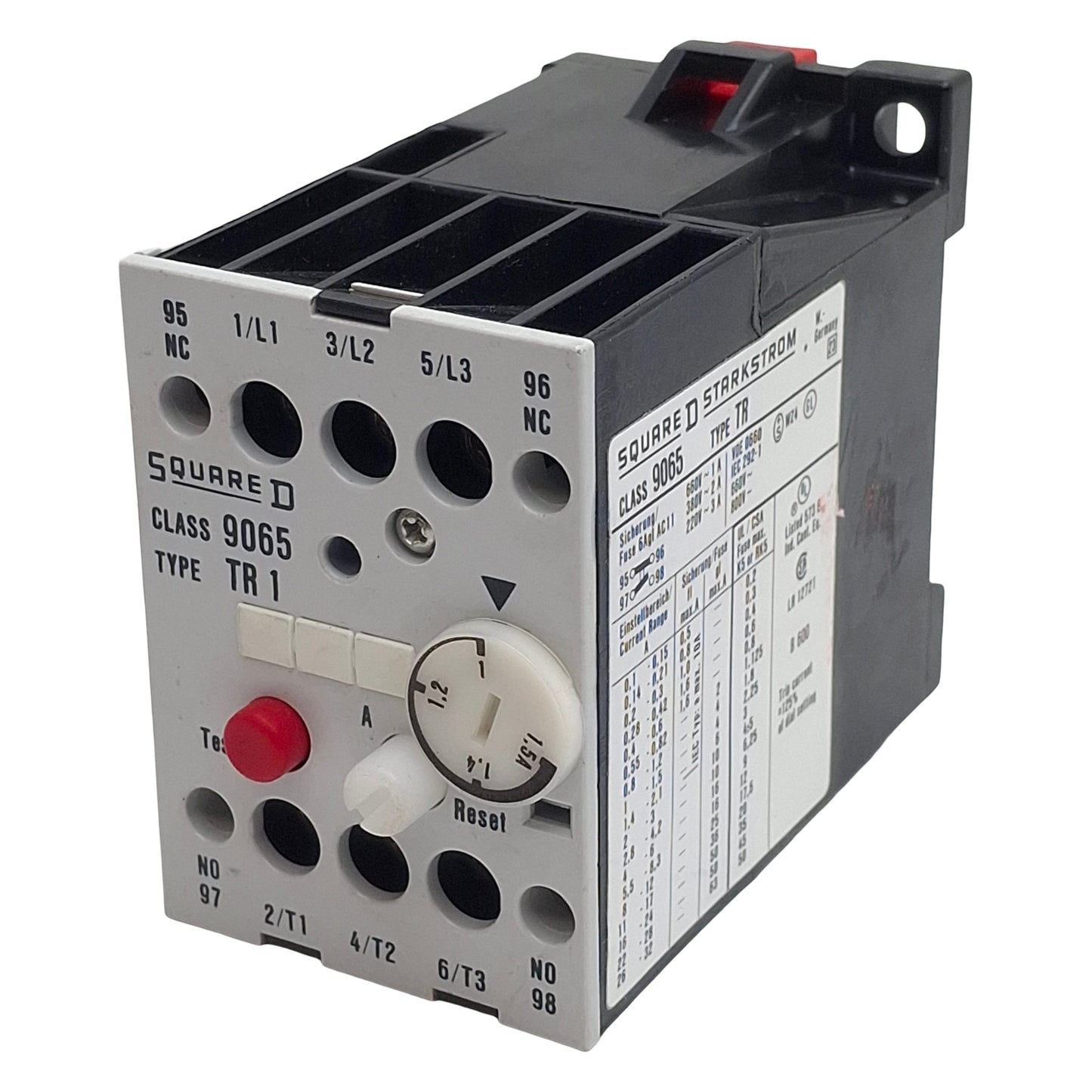 Used Square D 9065 TR1 Overload Relay, 3-Pole NO/NC, 1-1.5A Range, 600VAC/300VDC