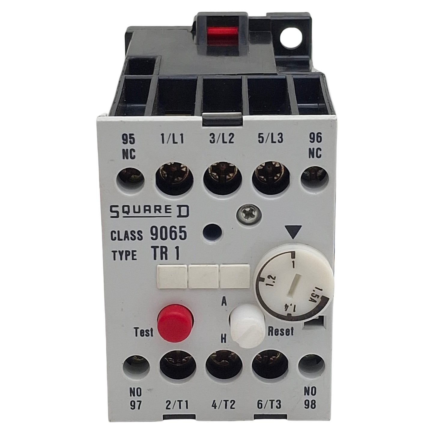 Used Square D 9065 TR1 Overload Relay, 3-Pole NO/NC, 1-1.5A Range, 600VAC/300VDC