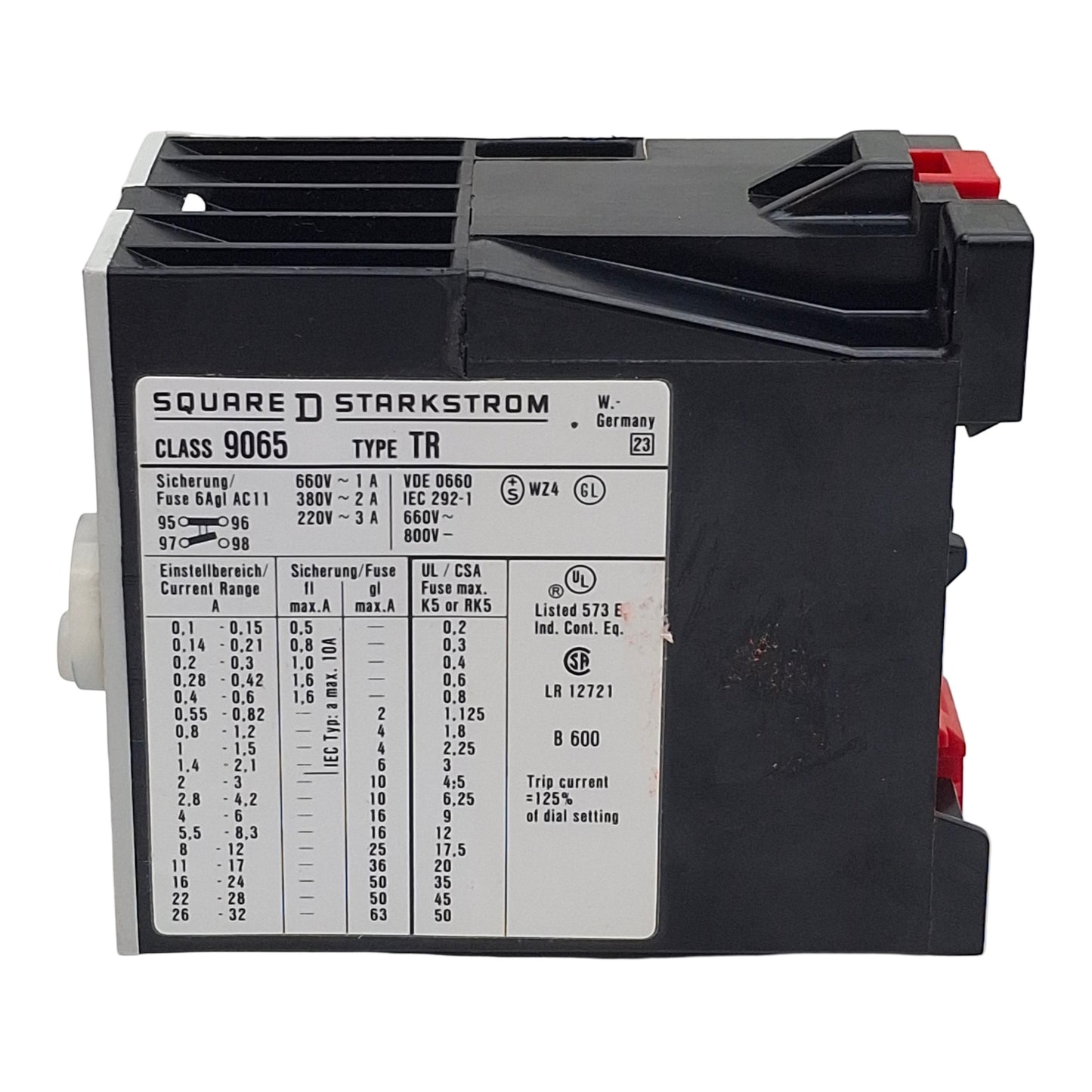Used Square D 9065 TR1 Overload Relay, 3-Pole NO/NC, 1-1.5A Range, 600VAC/300VDC