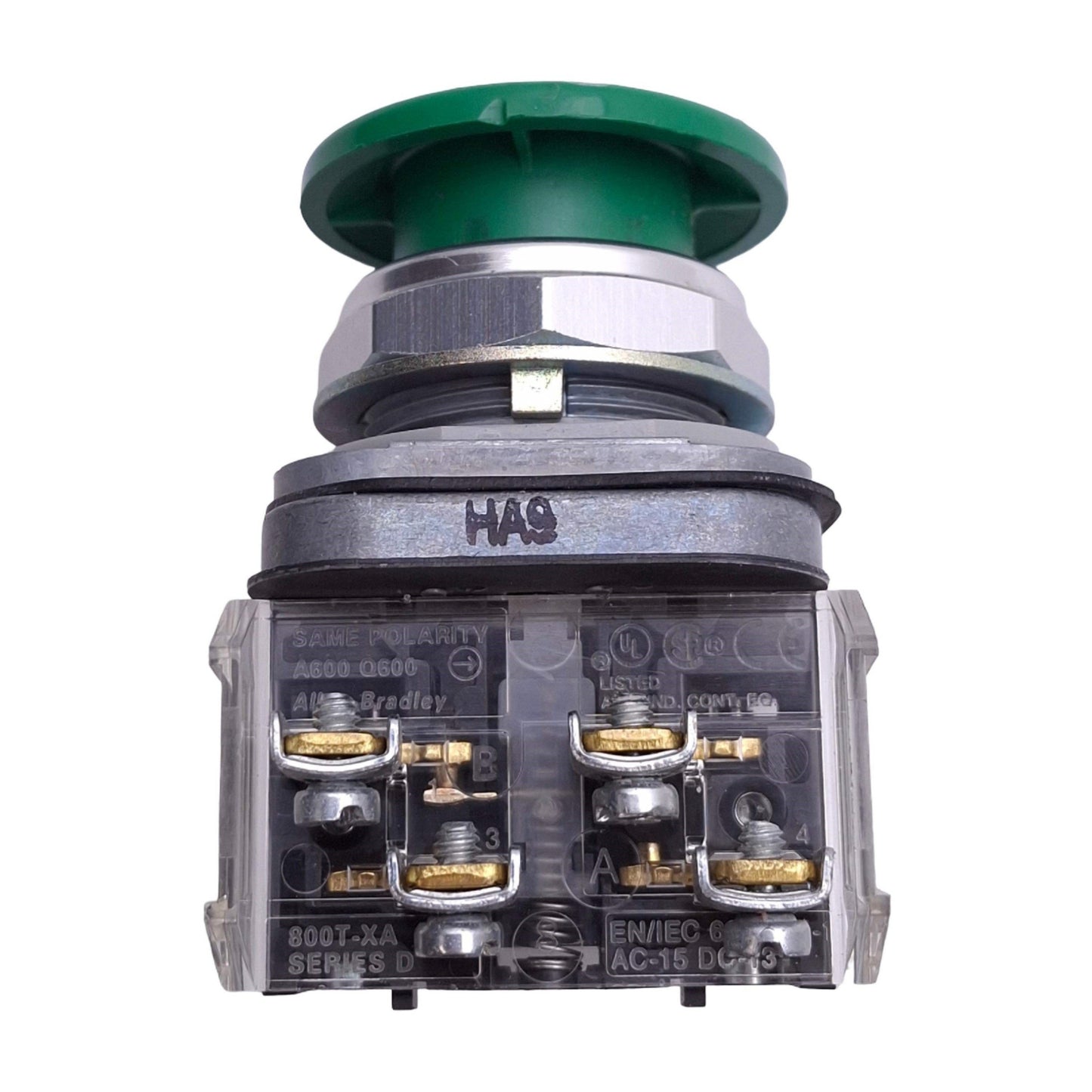 Used Allen Bradley 800T-D1A Push Button Switch, 30mm, 1NC 1NO, 600VAC 10A Max