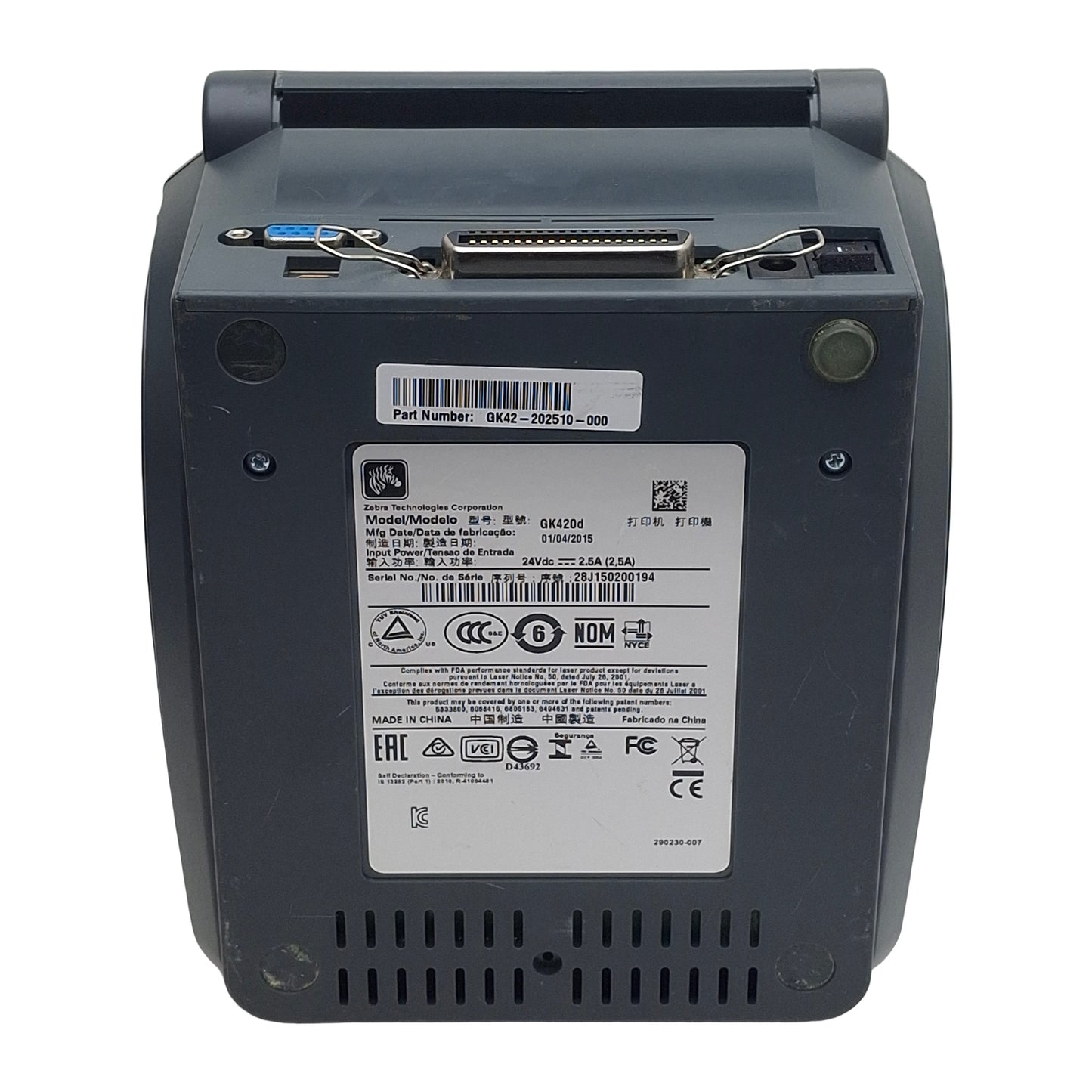 Used Zebra GK42-202510-000 GK420D Thermal Barcode Printer, 203dpi, 4in Width, 24VDC