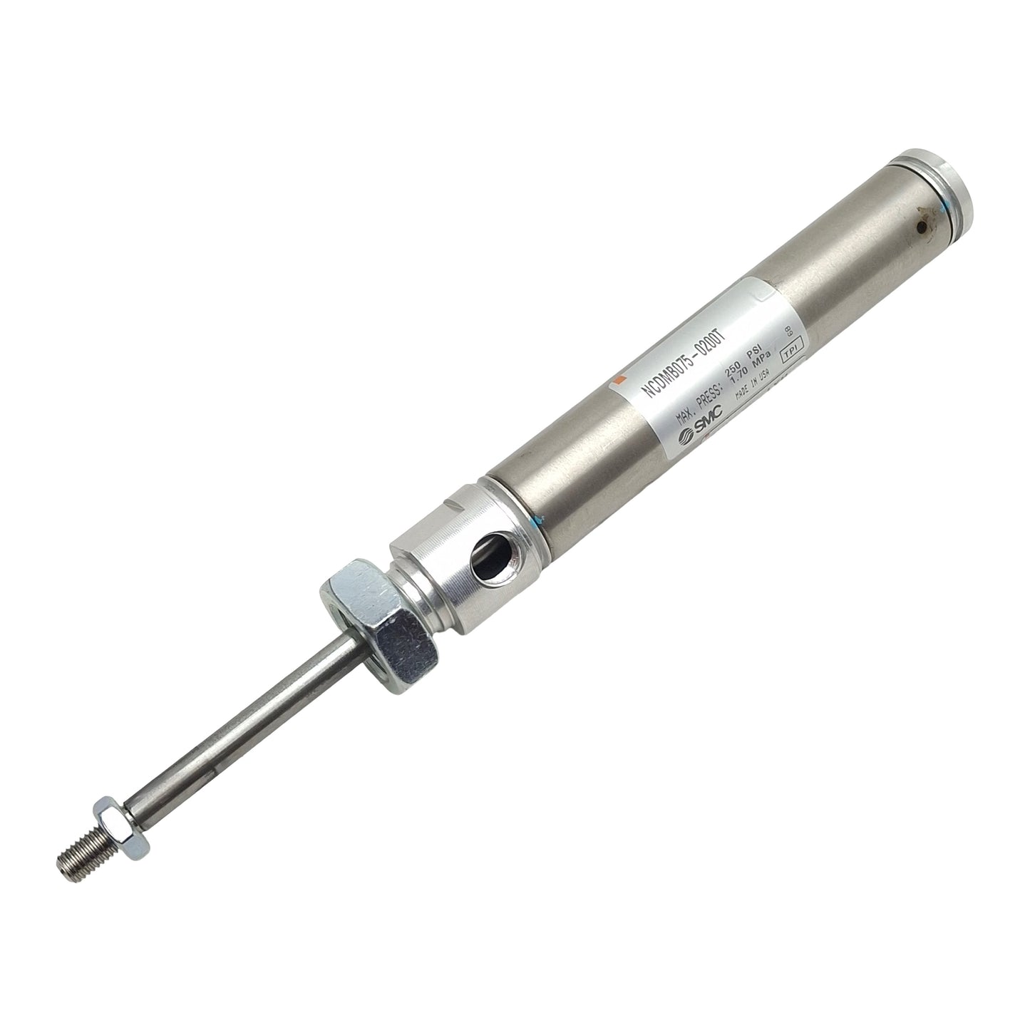 Used SMC NCDMB075-0200T Pneumatic Cylinder ø3/4in Bore, 2in Stroke, 1/8in NPT, 250psi
