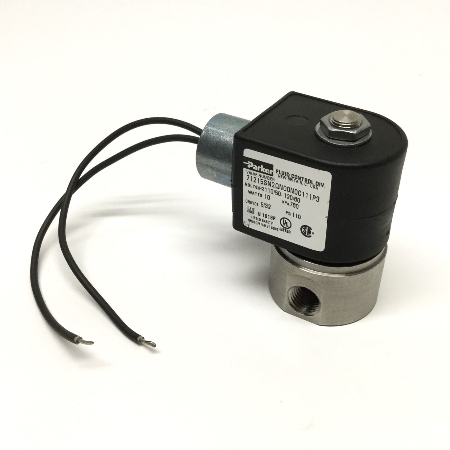 Used Parker 71215SN2QN00N0C111P3 Solenoid Valve, 2-Way NC, 1/4" NPT, 110/120VAC Coil