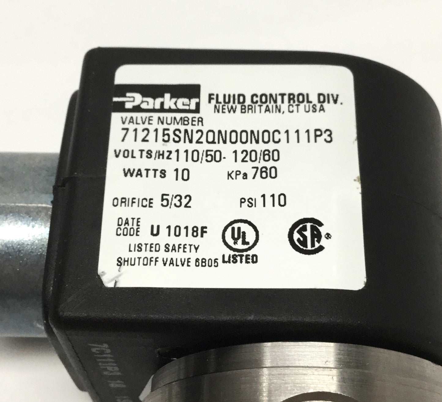 Used Parker 71215SN2QN00N0C111P3 Solenoid Valve, 2-Way NC, 1/4" NPT, 110/120VAC Coil