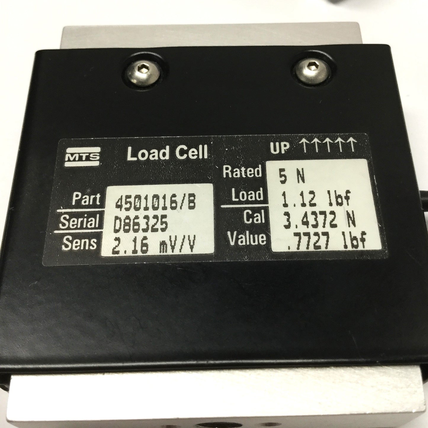 Used MTS 4501016/B Force Transducer Load Cell, 2.16mV/V Sens, 5N (1.12lbf) Rating