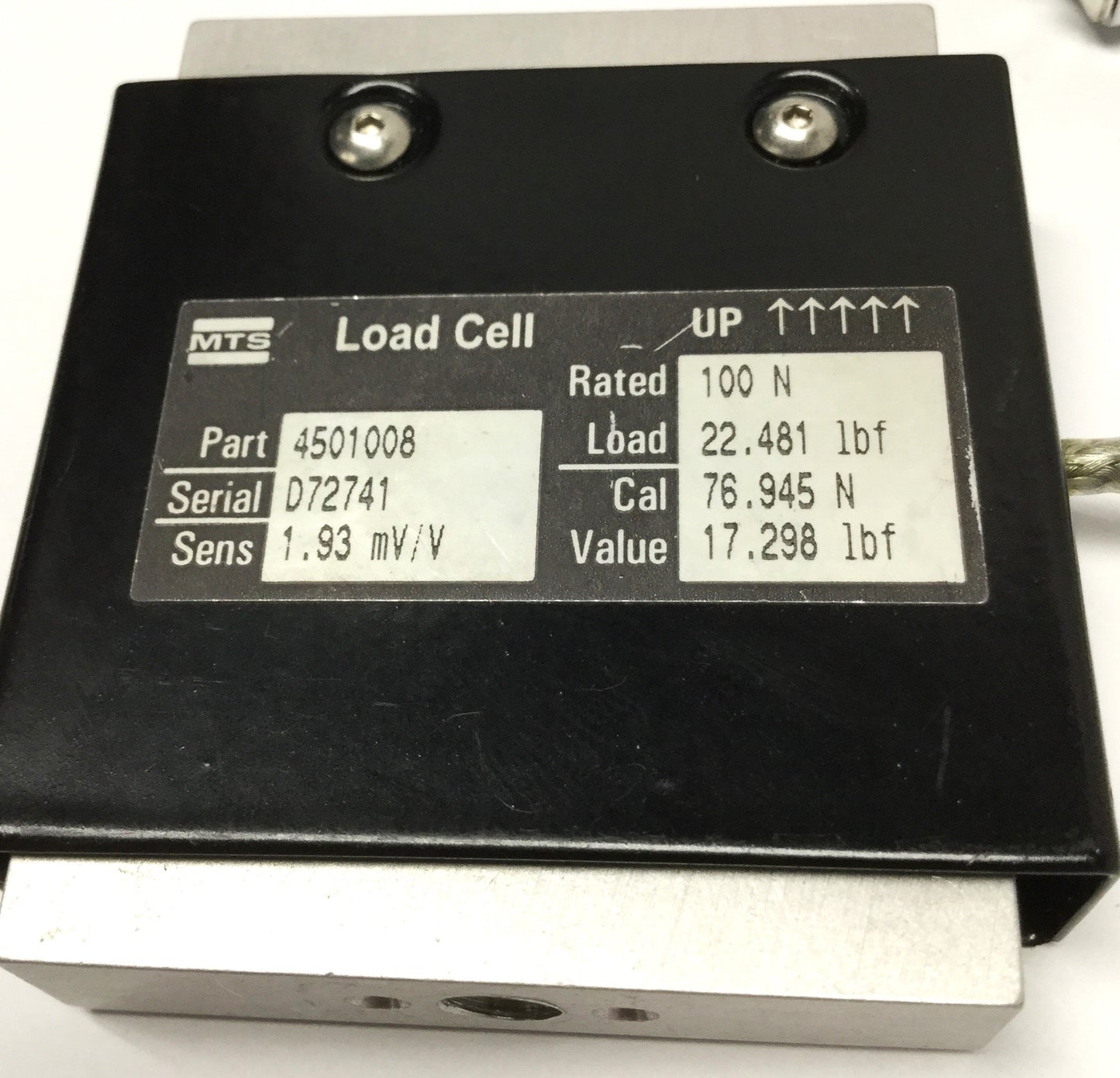 Used MTS 4501008 Force Transducer Load Cell, 1.93mV/V Sens, 100N (22.5lbf) Rating