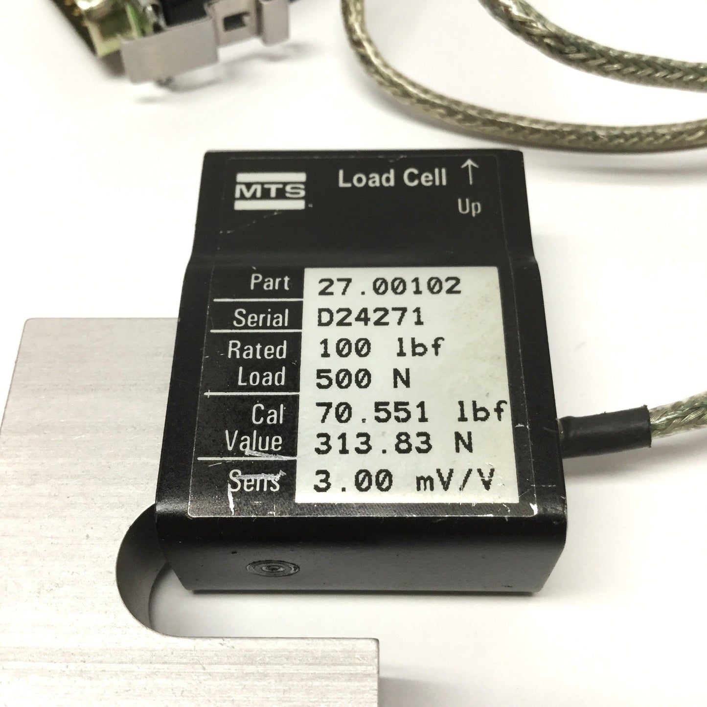 Used MTS 27.00102 Force Transducer Load Cell, 3.00mV/V Sens, 500N / 100lbf Rating