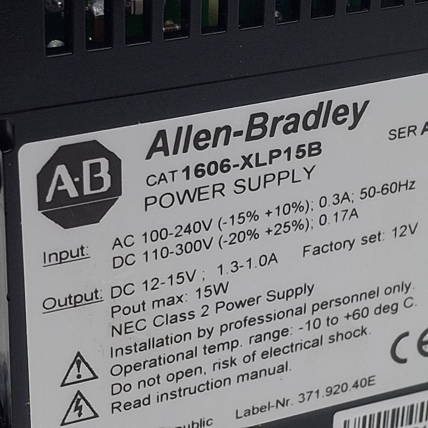 Used Allen Bradley 1606-XLP15B Power Supply, 240VAC/300VDC In, 1.3-1A 12-15VDC Out