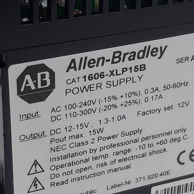 Used Allen Bradley 1606-XLP15B Power Supply, 240VAC/300VDC In, 1.3-1A 12-15VDC Out