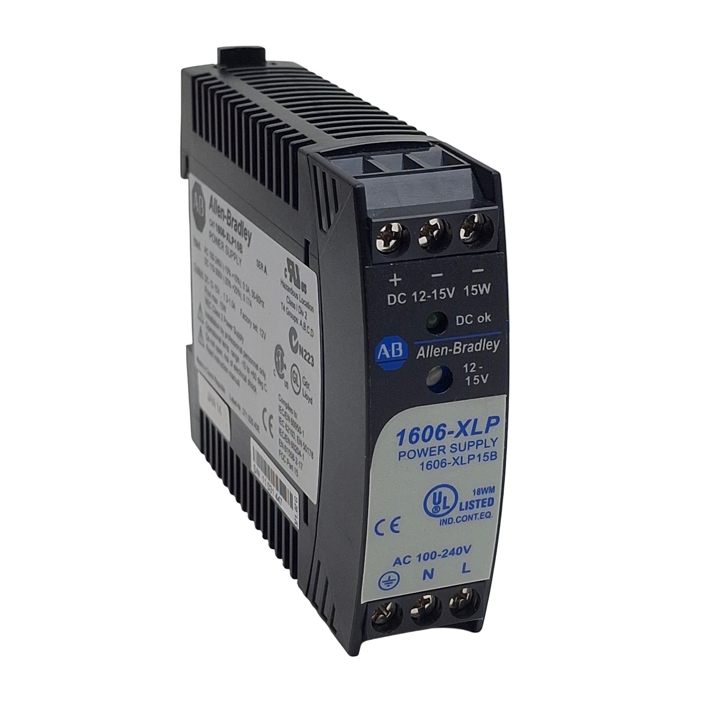 Used Allen Bradley 1606-XLP15B Power Supply, 240VAC/300VDC In, 1.3-1A 12-15VDC Out