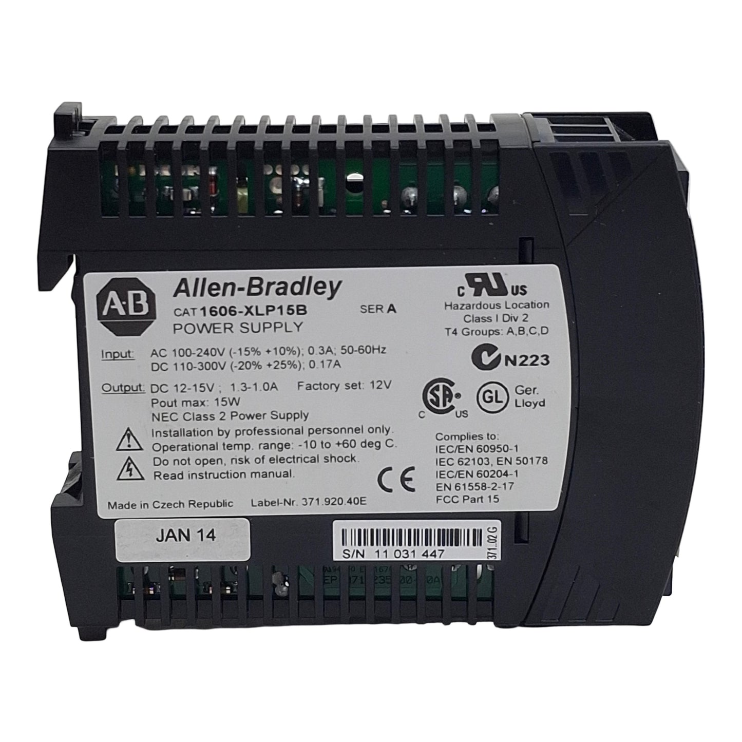 Used Allen Bradley 1606-XLP15B Power Supply, 240VAC/300VDC In, 1.3-1A 12-15VDC Out
