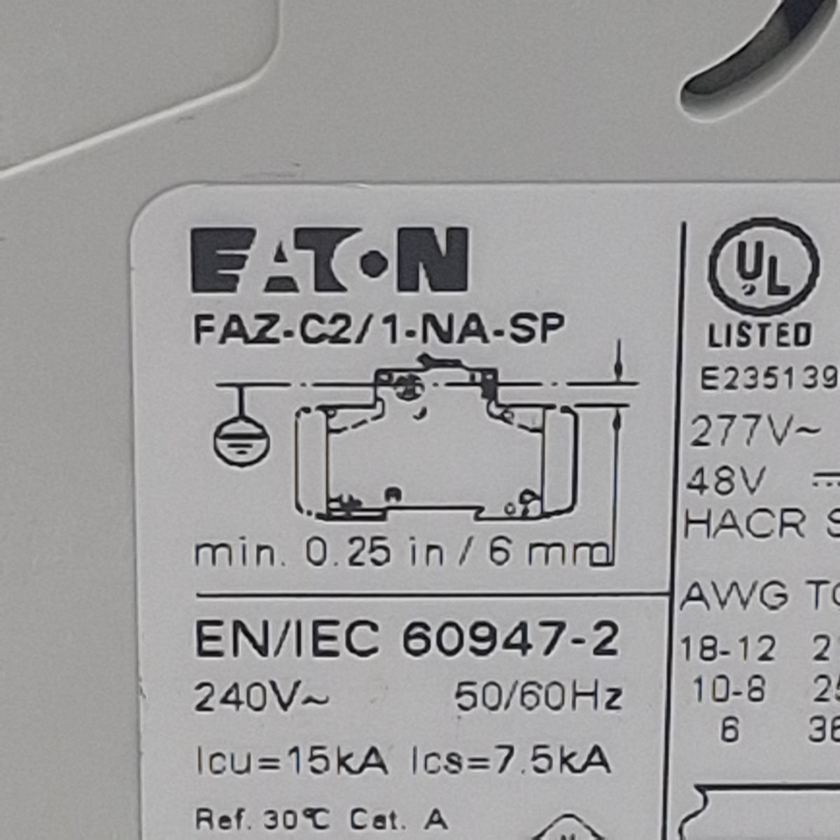 Used Lot of 2 Eaton FAZ-C2/1-NA-SP Miniature Circuit Breaker 1-Pole, 2A 277VAC/48VDC