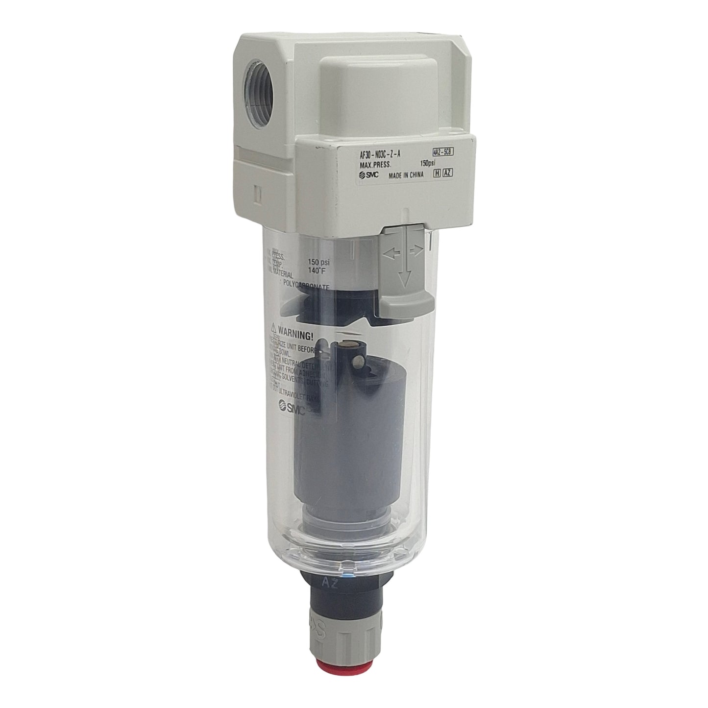 Used SMC AF30-N03C-Z-A Pneumatic Filter, N.C. Auto Drain, 3/8in NPT, 150psi Max, 5µm
