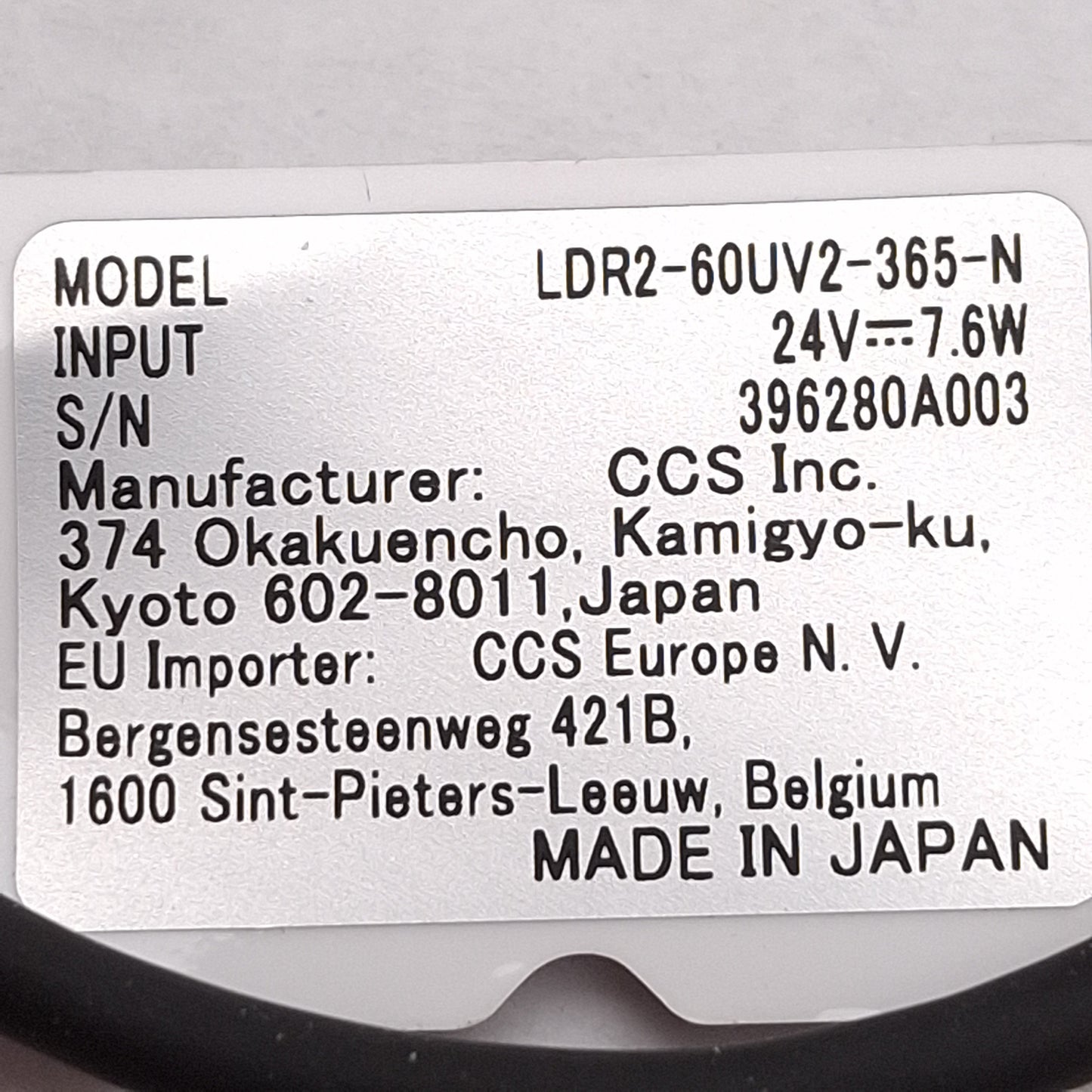 Used CCS LDR2-60UV2-365-N UV Ring Light, 365nm, ø60mm OD, ø34mm ID, 24VDC *Cut Slot*