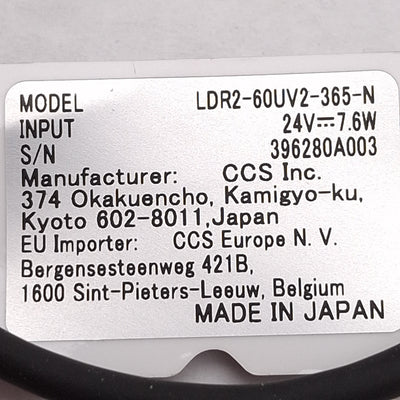 Used CCS LDR2-60UV2-365-N UV Ring Light, 365nm, ø60mm OD, ø34mm ID, 24VDC *Cut Slot*