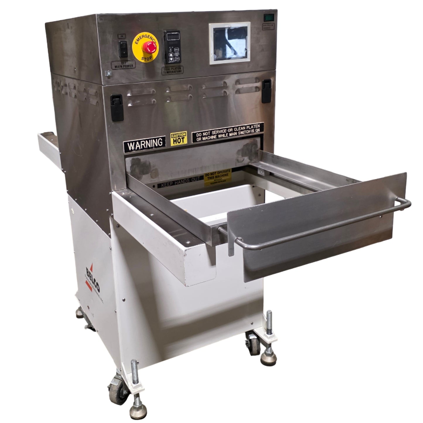 Used Belco BM 2020 PLC Medical Tray Sealer 20" x 20" x 7" Platen 240VAC 1-Ph 25A