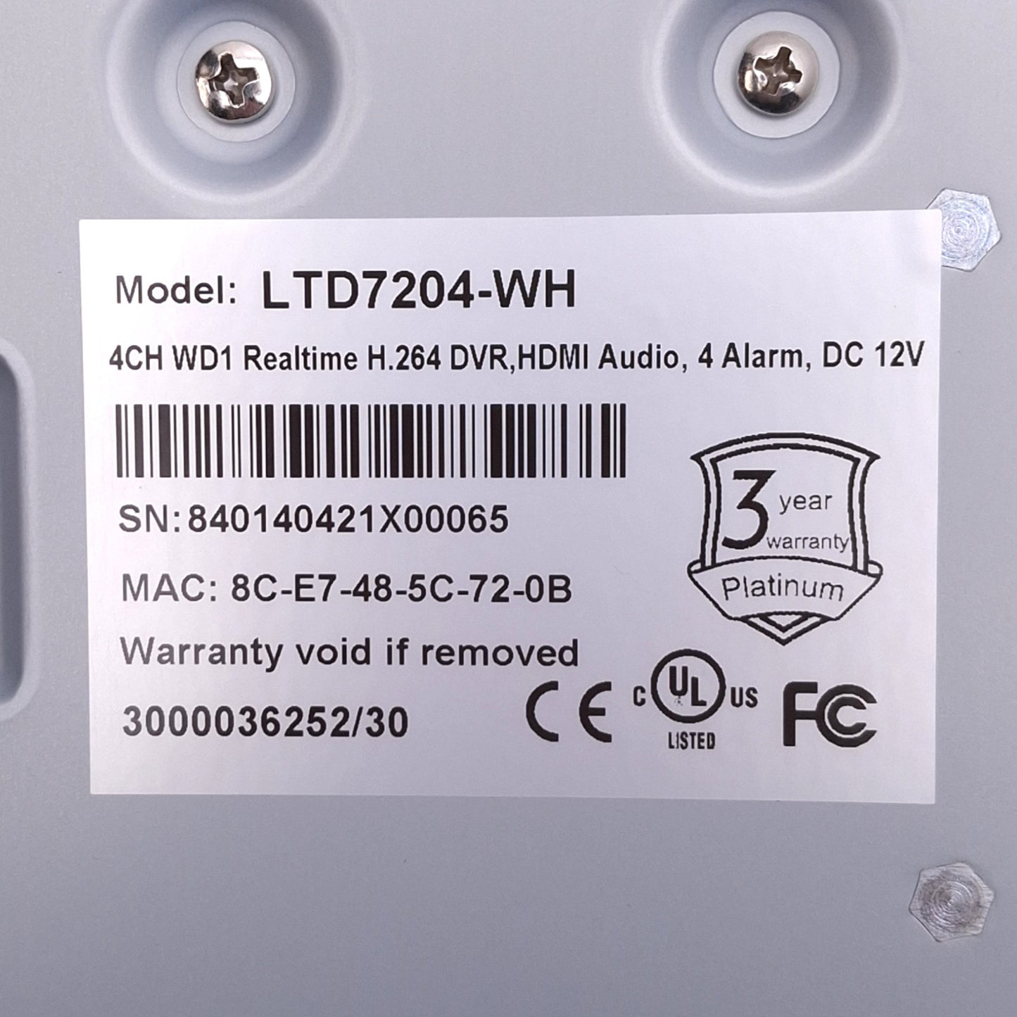 New – Open box LT Security LTD7204-WH Camera DVR, 4-Channel, HDMI VGA, 1080p Max, 12VDC