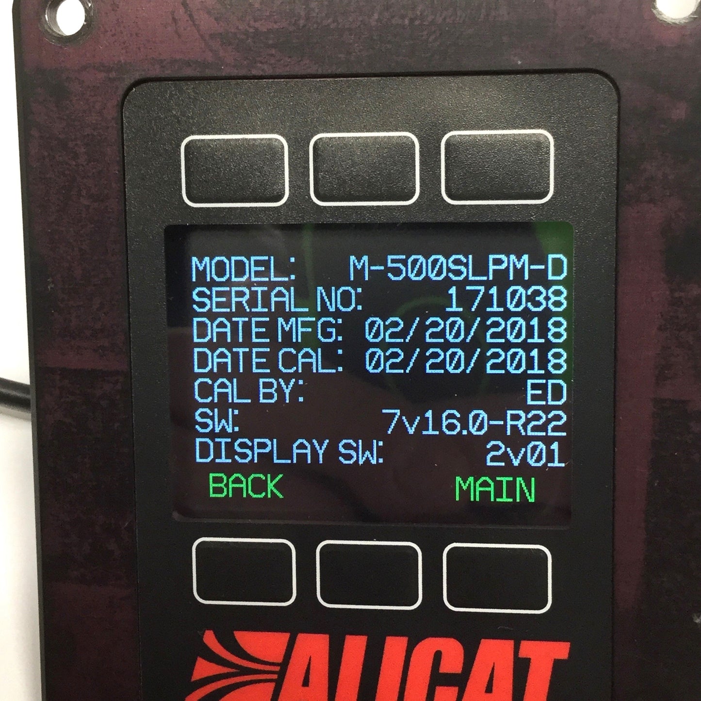 Used Alicat M-500SLPM-TFTRD/5M Digital Mass Flow Meter, RS232 w/Remote Color LCD