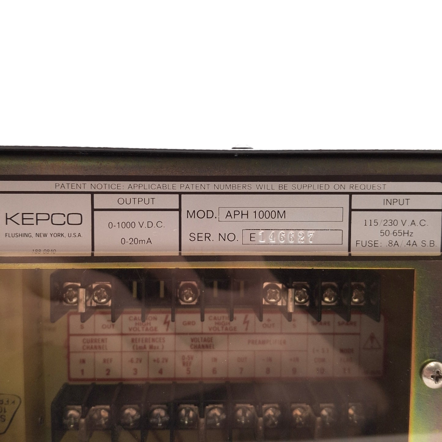 Used Kepco APH-1000M DC Power Supply, 115/230VAC 0.8/0.4A IN, 0-1000VDC 0-20mA OUT