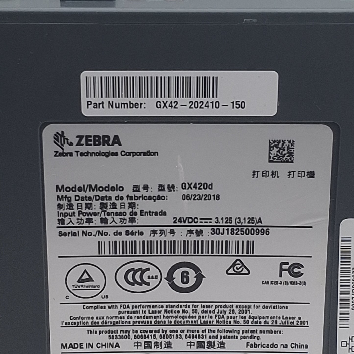 Used Zebra GX42-202410-150 GX420D Thermal Barcode Printer, 203dpi, 4in Width, 24VDC