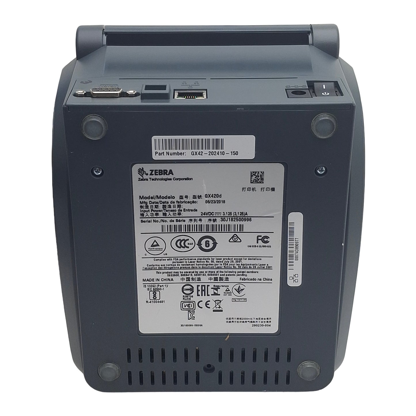 Used Zebra GX42-202410-150 GX420D Thermal Barcode Printer, 203dpi, 4in Width, 24VDC