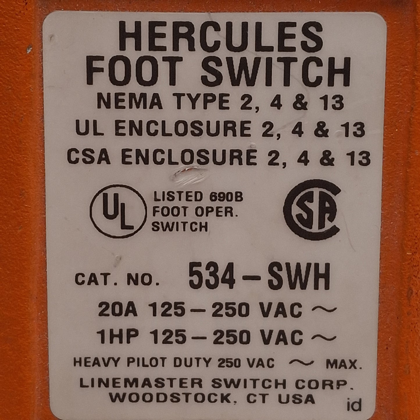 Used Linemaster 534-SWH Hercules Momentary Foot Switch, SPDT, 1HP, 20A 125-250VAC