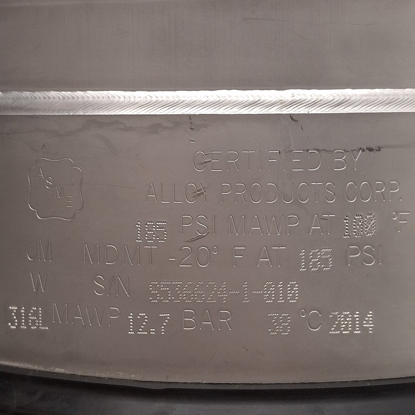Used Alloy Products B501-4701-00-E-R General Purpose Pressure Vessel, 1gal, T-316L