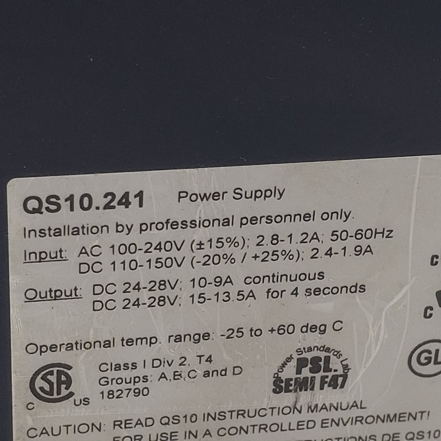Used Puls QS10.241 Power Supply, 100-240VAC In, 10A 24VDC 240/360W Out, DIN Rail