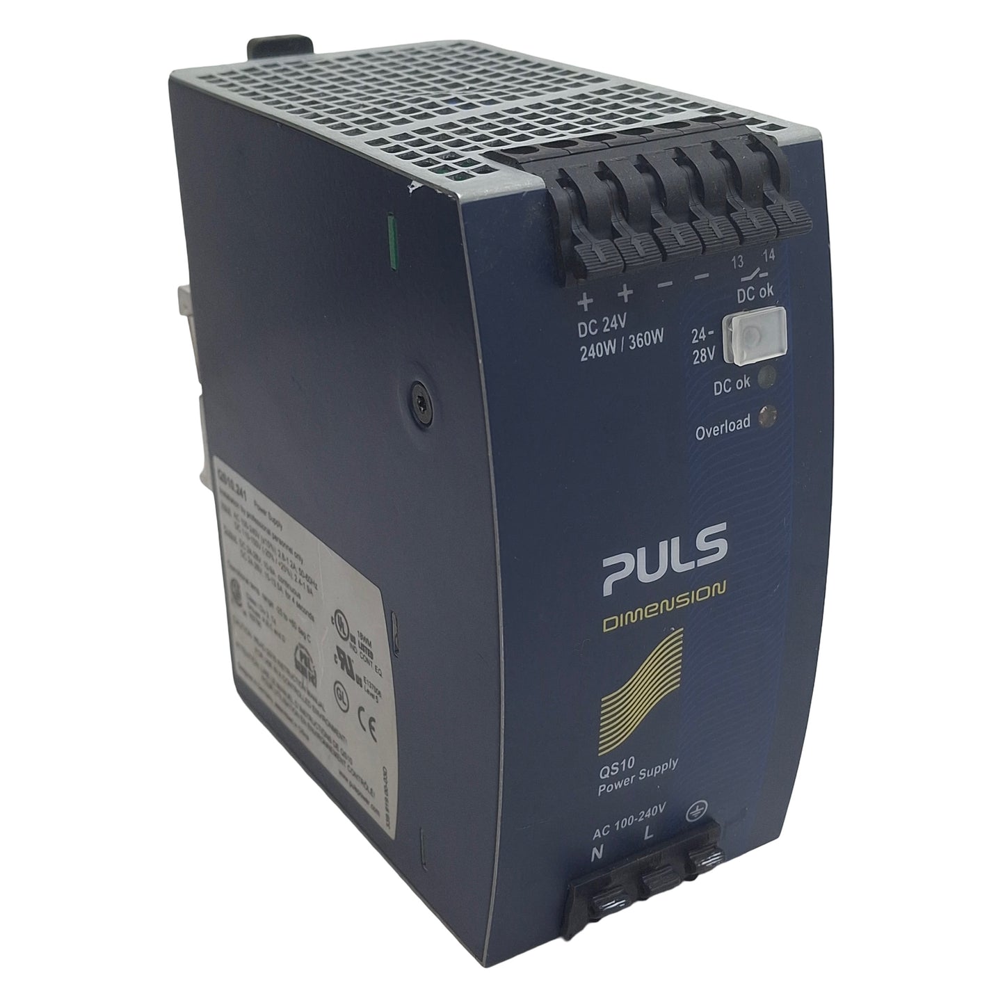 Used Puls QS10.241 Power Supply, 100-240VAC In, 10A 24VDC 240/360W Out, DIN Rail