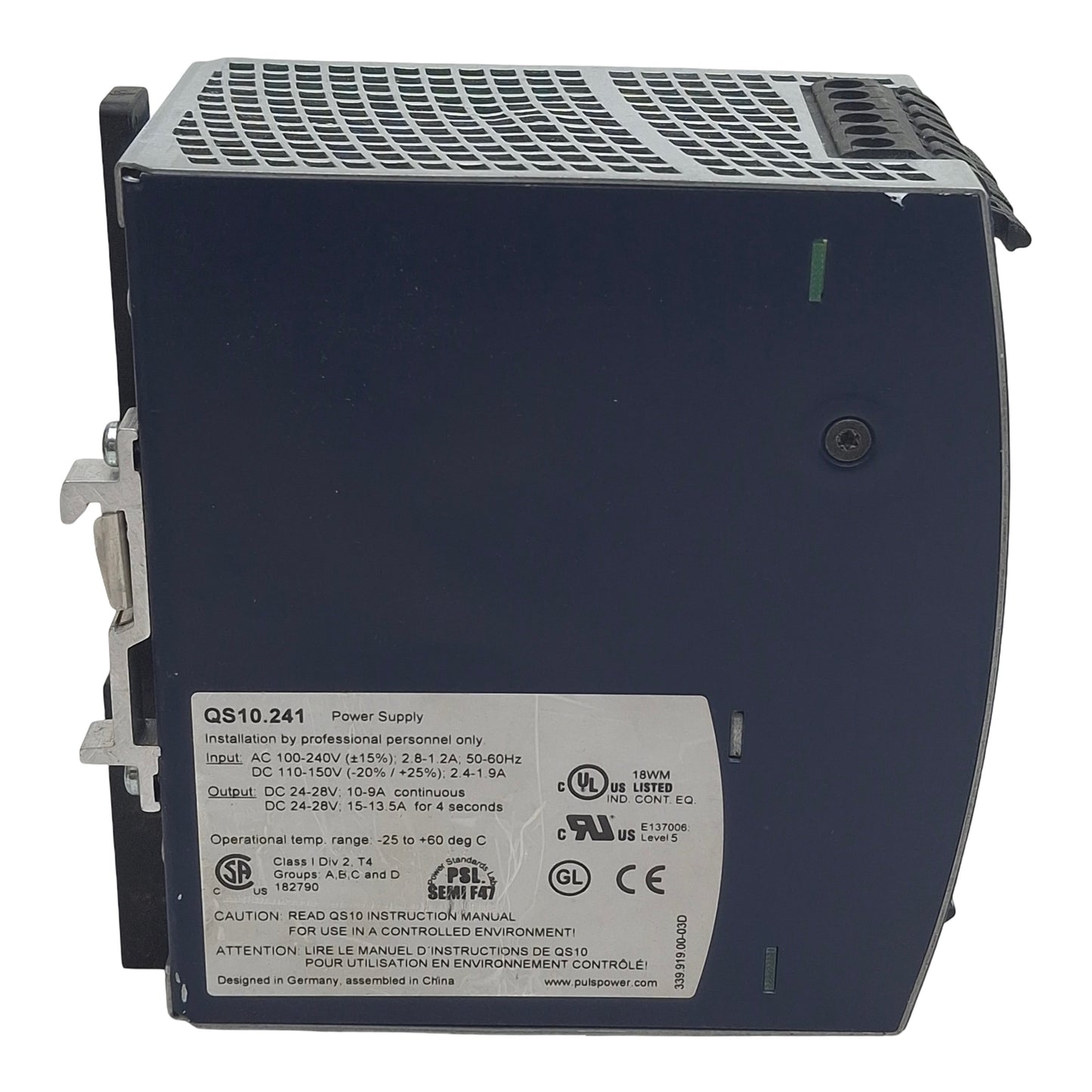 Used Puls QS10.241 Power Supply, 100-240VAC In, 10A 24VDC 240/360W Out, DIN Rail