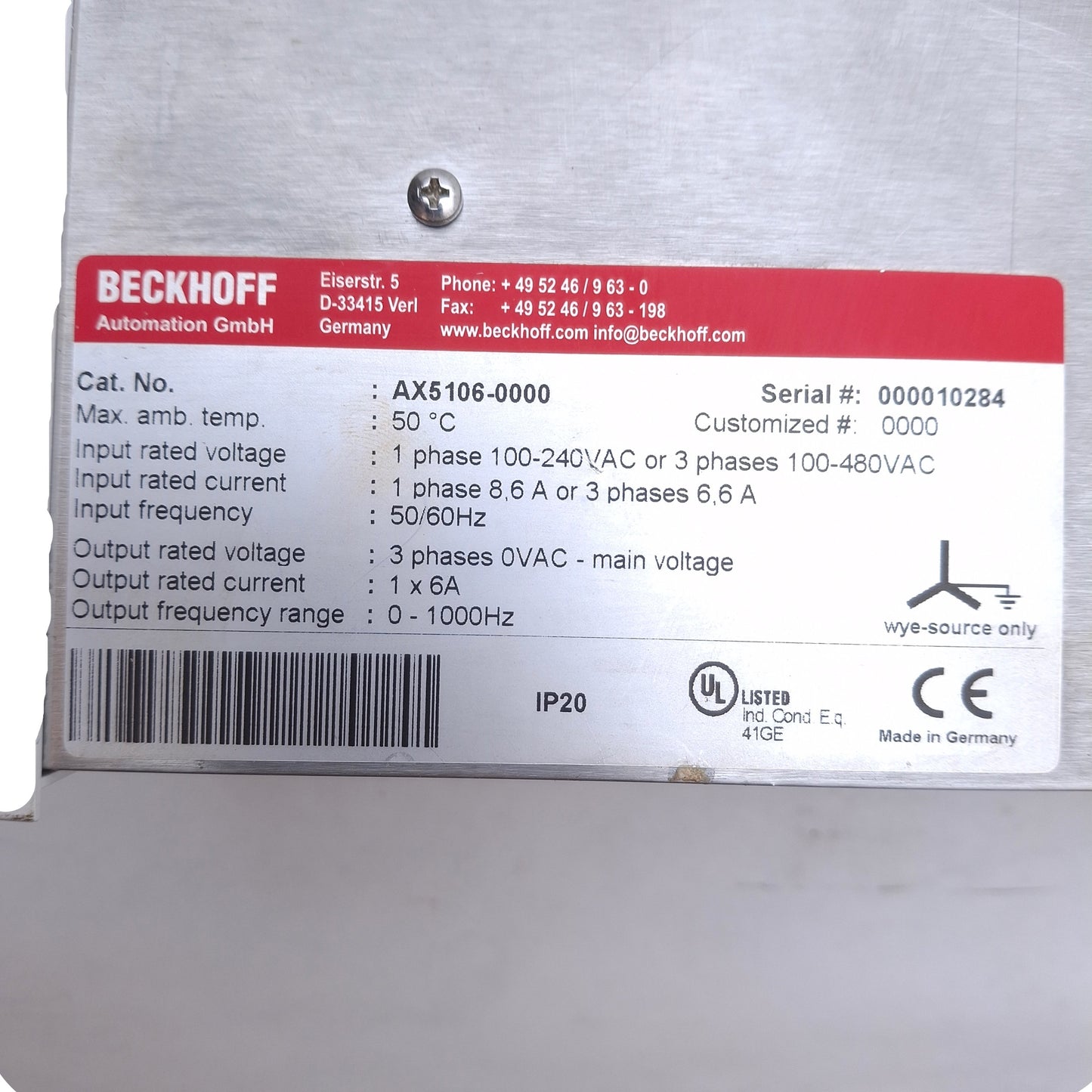 Used Beckhoff AX5106-0000 Servo Drive 3-Phase 100-480VAC In, 0-480VAC 6A 0-1000Hz Out