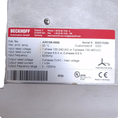 Used Beckhoff AX5106-0000 Servo Drive 3-Phase 100-480VAC In, 0-480VAC 6A 0-1000Hz Out