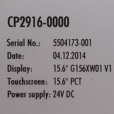 Used Beckhoff CP2916-0000 Multi-Touch Control Panel, 15.6in, 1366x768, DVI-E, 24VDC