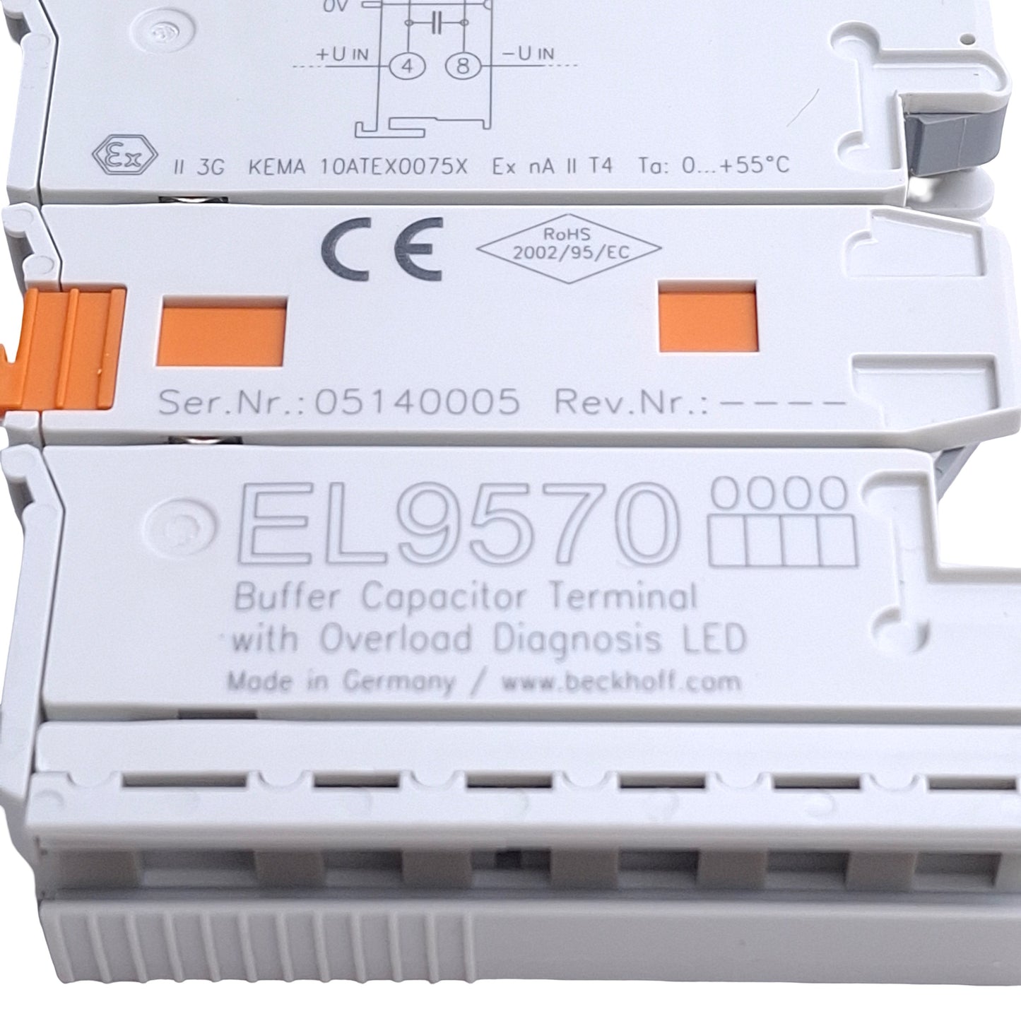 Used Beckhoff EL9570 Buffer Capacitor Terminal w/ Overload Diagnosis LED 48VDC 500µF