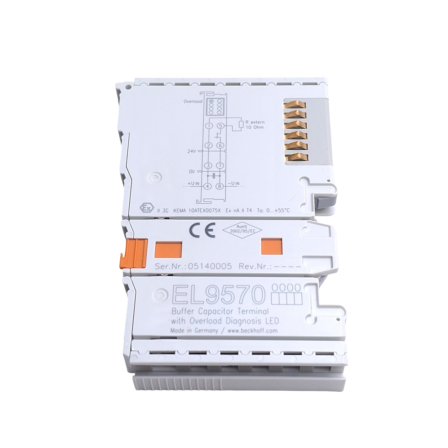 Used Beckhoff EL9570 Buffer Capacitor Terminal w/ Overload Diagnosis LED 48VDC 500µF
