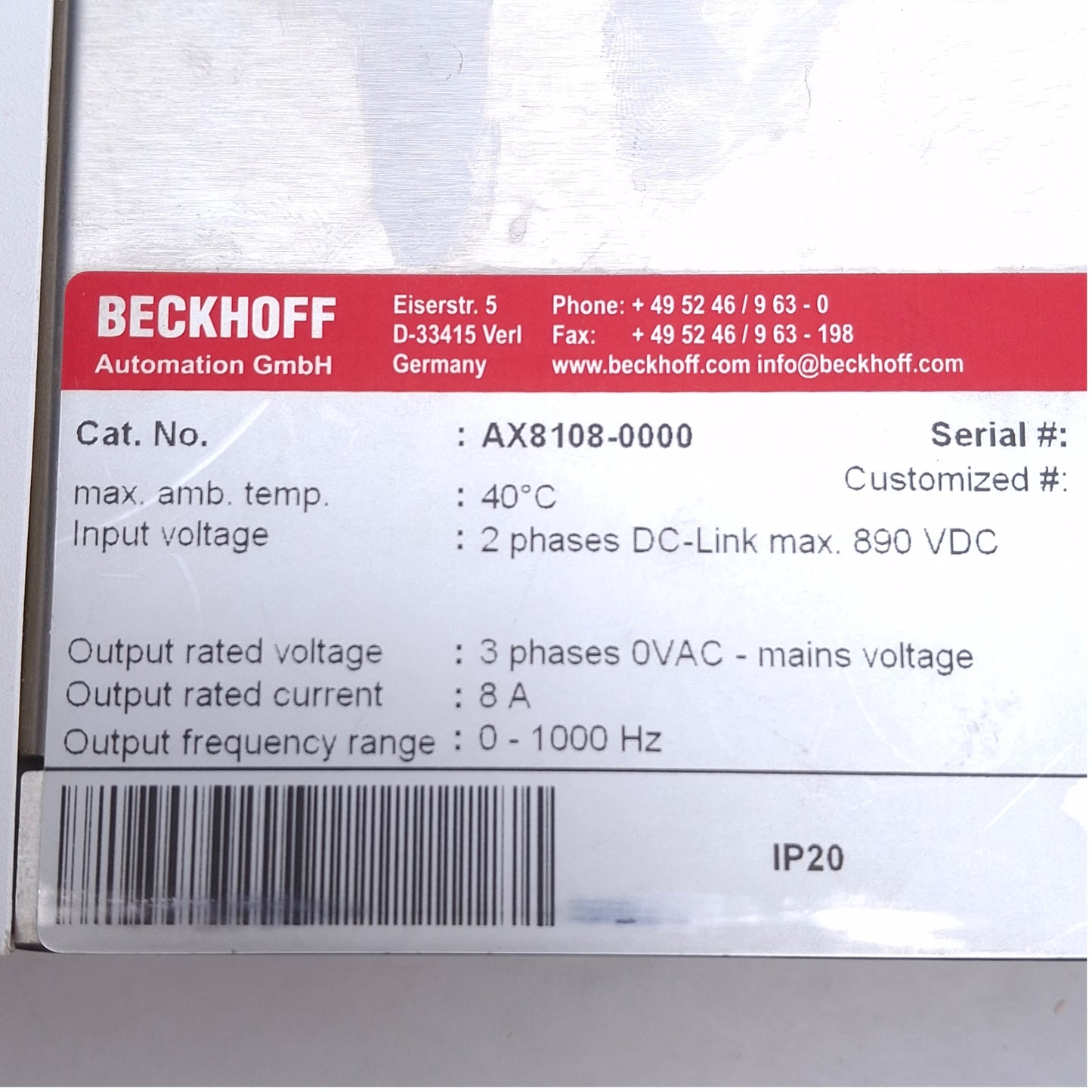 Used Beckhoff AX8108-0000 Single-Axis Module 2-Phase DC-Link 890VDC In, 0-1000Hz Out