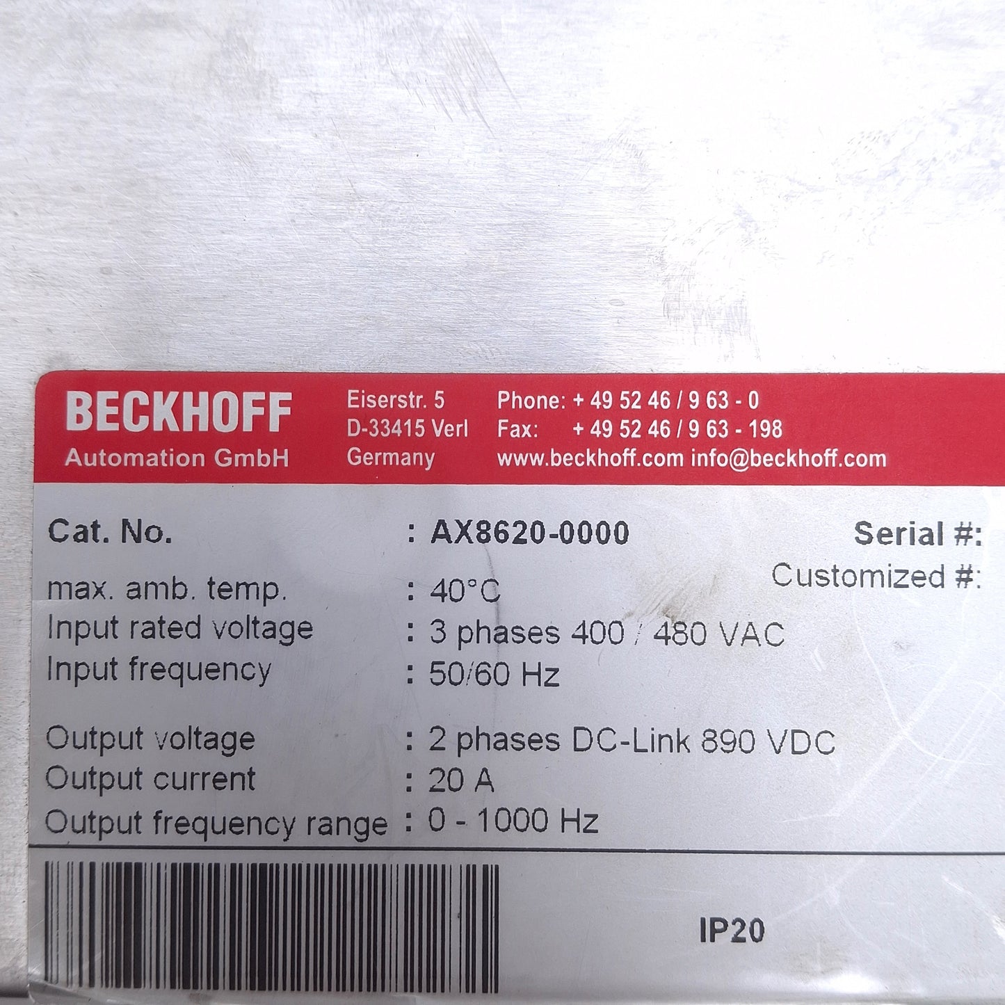 Used Beckhoff AX8620-0000 Power Supply Module 3-Phase 400/480VAC In, 890VDC 20A Out