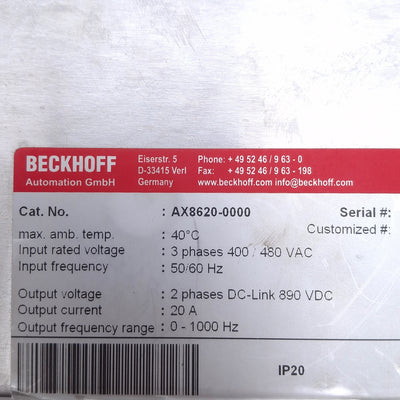Used Beckhoff AX8620-0000 Power Supply Module 3-Phase 400/480VAC In, 890VDC 20A Out