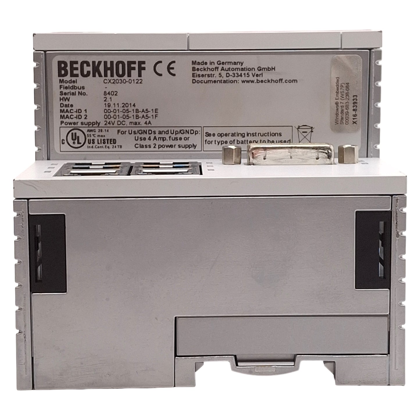 Used Beckhoff CX2030-0122 Basic CPU Module, TwinCAT 2, RJ45, DVI-I, 24VDC *No CFast*