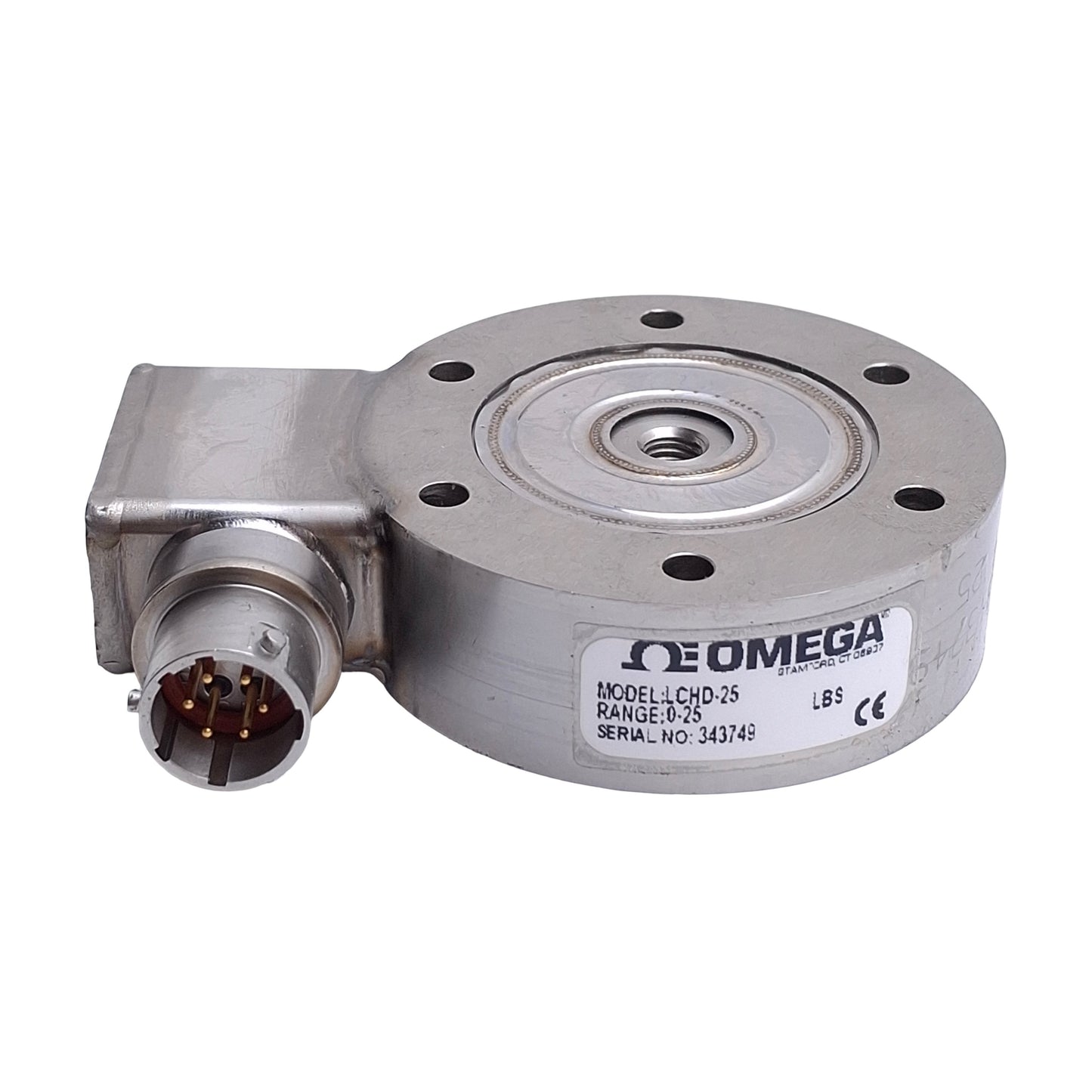Used Omega Engineering LCHD-25 Low Profile Pancake Style Load Cell 1/4-28 UNF, ø2.5in