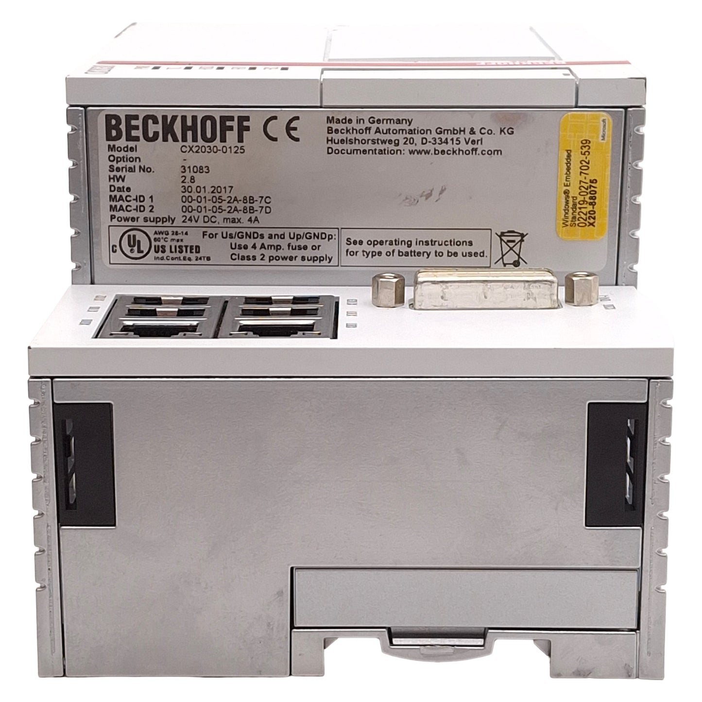 Used Beckhoff CX2030-0125 Basic CPU Module, TwinCAT 3, RJ45, DVI-I, 24VDC *No CFast*