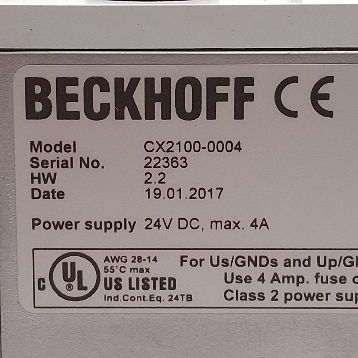 Used Beckhoff CX2100-0004 Power Supply Unit For CX2020 & CX2030, 45W 24VDC, DIN Rail