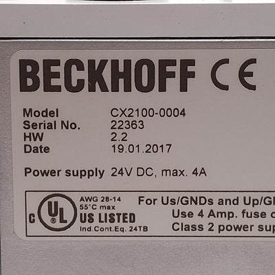 Used Beckhoff CX2100-0004 Power Supply Unit For CX2020 & CX2030, 45W 24VDC, DIN Rail