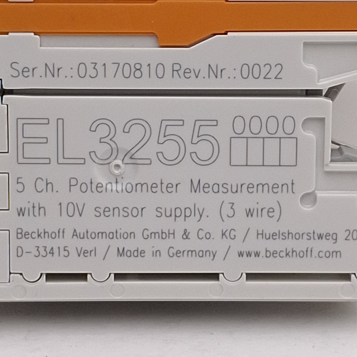 Used Beckhoff EL3255 EtherCAT Terminal 5-Channel Analog Potentiometer Input 300Ω-50kΩ