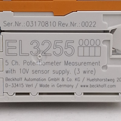Used Beckhoff EL3255 EtherCAT Terminal 5-Channel Analog Potentiometer Input 300Ω-50kΩ