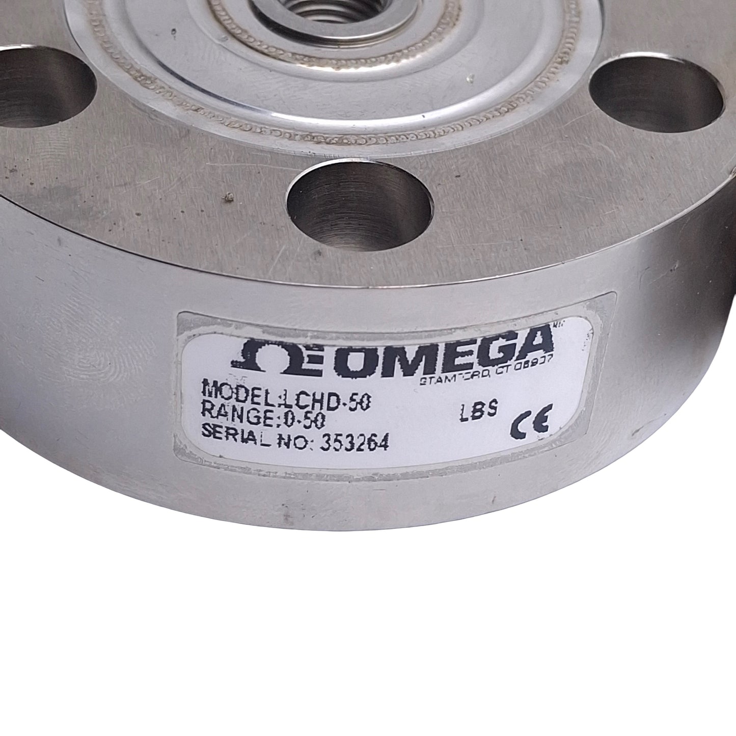Used Omega Engineering LCHD-50 Low Profile Pancake Style Load Cell, 3/8-24UNF, 50lbs