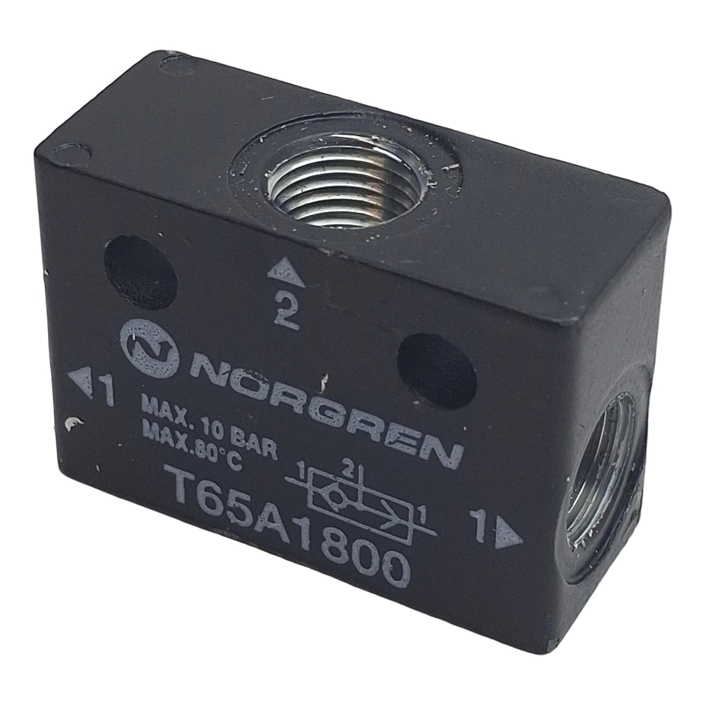 Used Norgren T65A1800 Shuttle Valve, 3-Port 1/8in NPT, 10-145psi, 0.42Cv